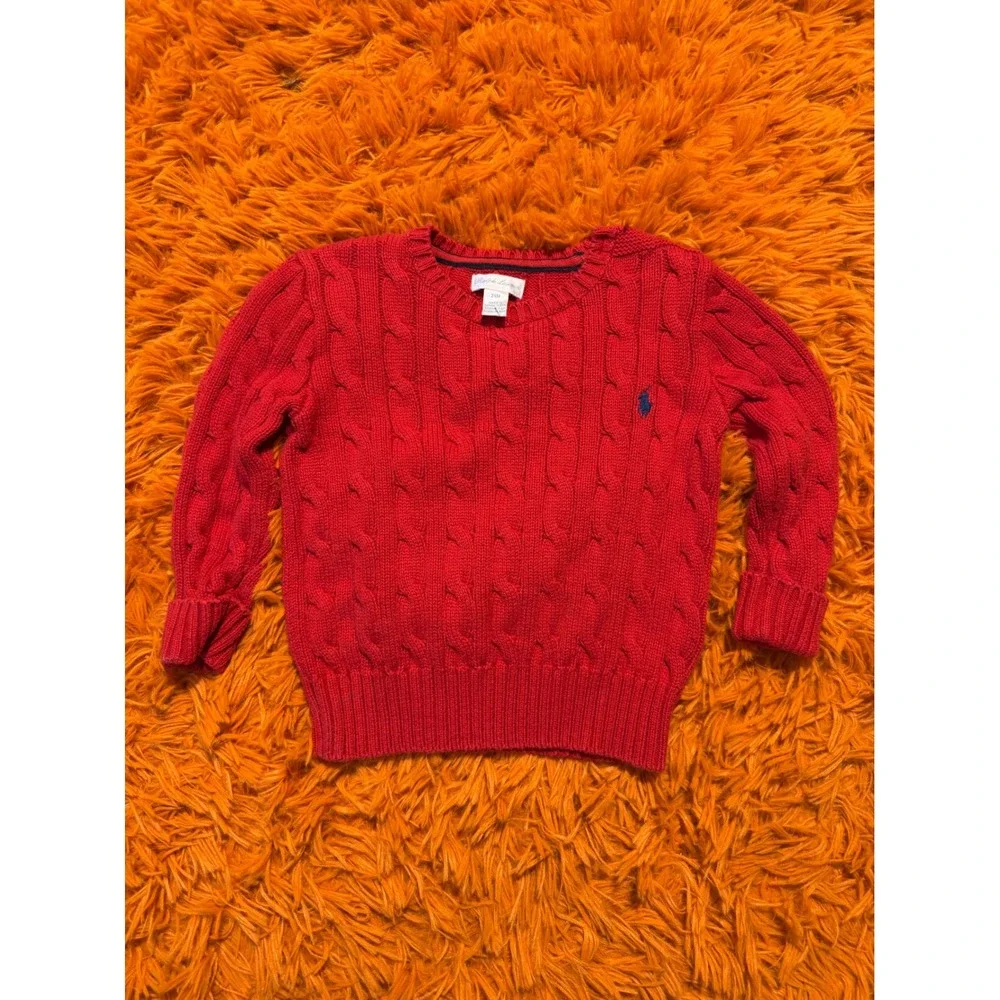 Ralph Lauren Kids Red Cable Knit Cotton Sweater Pony Logo 24M